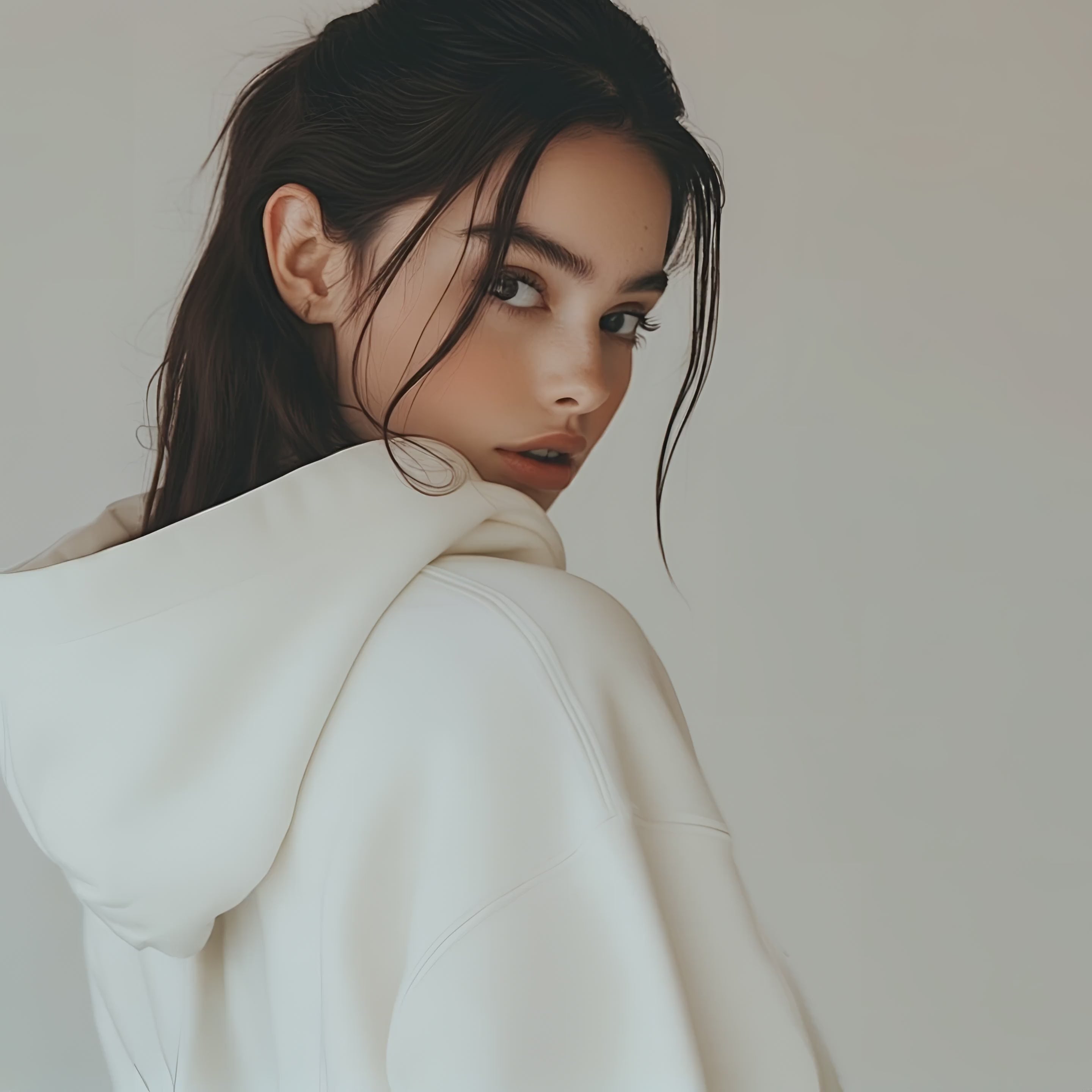 Load video: A Girl in a white Bella + Canvas White hooded sweatshirt.  She is turning and laughing